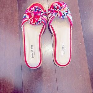 JON JOSEF Raffia Slide Pom Pom Sandals NWOT